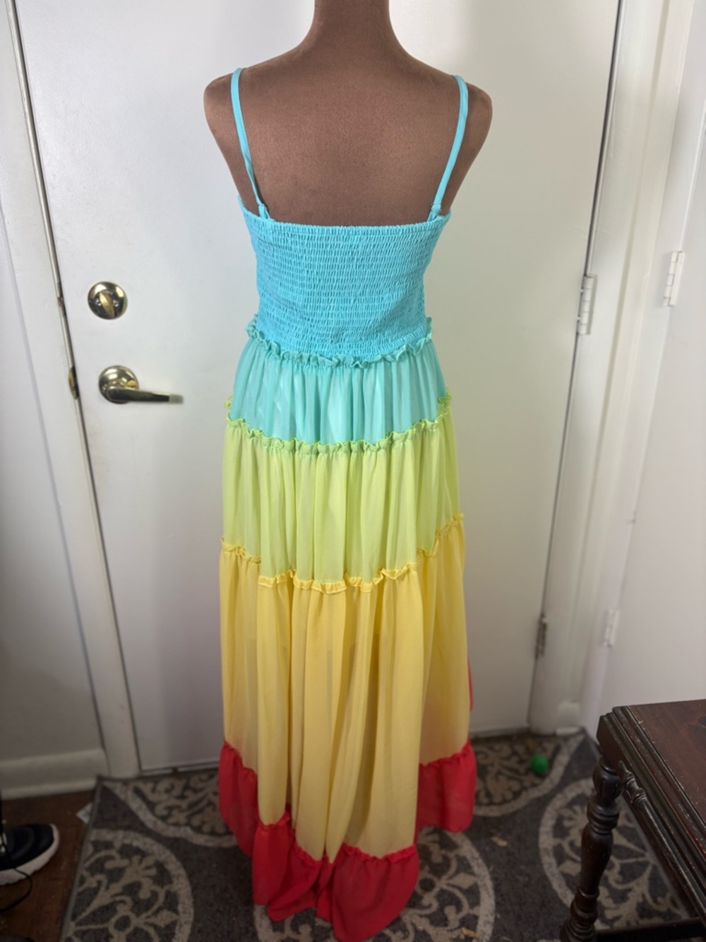 Women’s Sz M lined Hi-Low Tiered Ombre Smocked Maxi Dress in Aqua, Yellow & Red - Picture 4 of 9